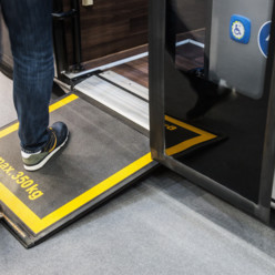 platform for wheelchairs in the cabin of a modern and comfortable city bus or electric bus.